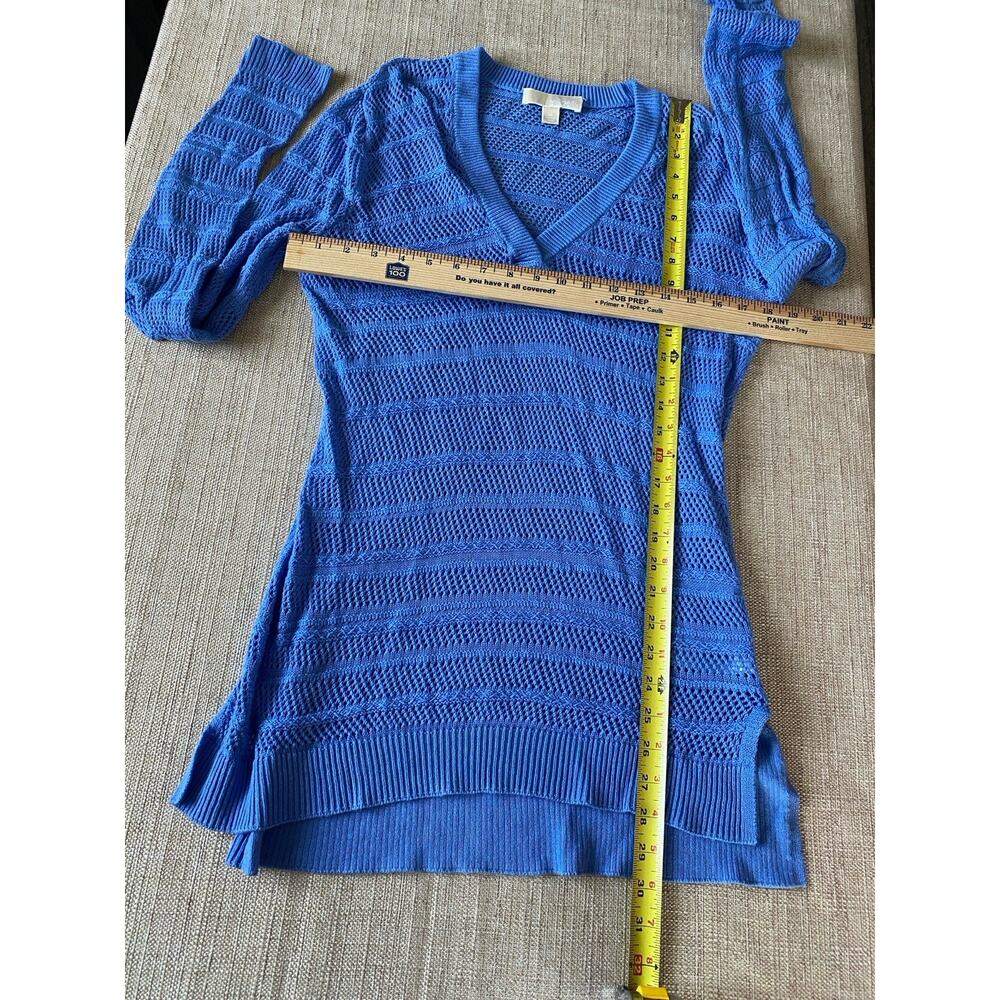 MICHAEL KORS Sweater Womens V-Neck Sheer Long Sleeve Hi-Low Cotton Blend Blue M - Picture 3 of 6